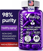 VitaUp Trans-Resveratrol Supplement – 98% Purity USA Made Resveratrol Capsules 600mg - Standardized to 98% Trans-Resveratrol – Antioxidant for Healthy Aging & Energy Support – 60 Caps