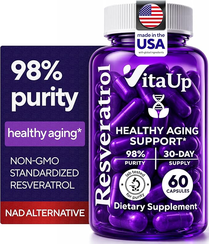 VitaUp Trans-Resveratrol Supplement – 98% Purity USA Made Resveratrol Capsules 600mg - Standardized to 98% Trans-Resveratrol – Antioxidant for Healthy Aging & Energy Support – 60 Caps