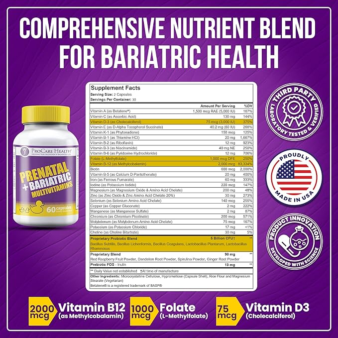 ProCare Health Prenatal Bariatric Multivitamin with Iron (60 Easy to Swallow Capsules) – for Women, Bariatric Vitamins for Gastric Bypass & Gastric Sleeve (1 Month Supply)