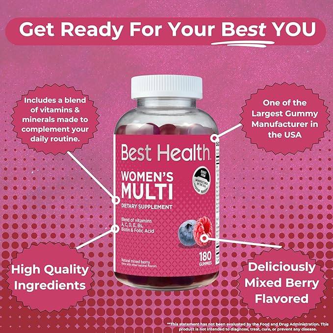 Women’s Multivitamin Gummies, Multivitamin for Women with Biotin, Folic Acid, Vitamins A,C,D,E,Natural Mixed Berry Flavor (180ct)