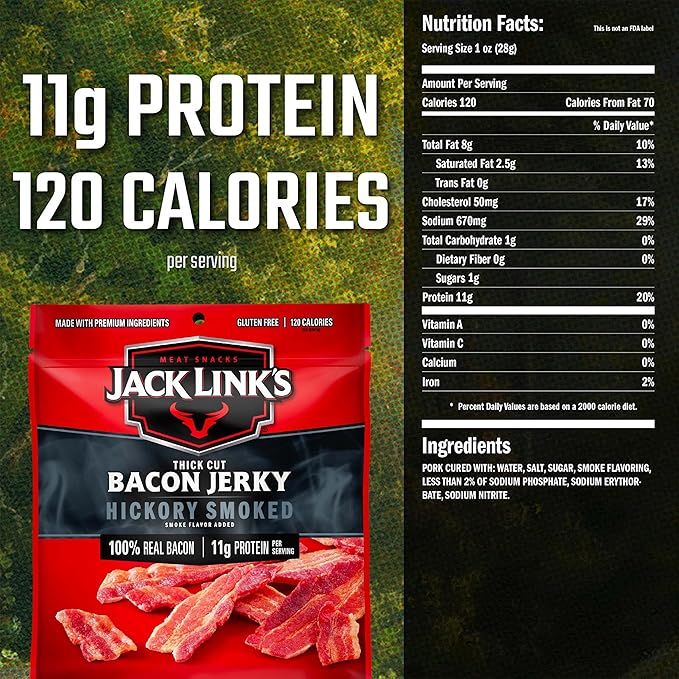Jack Link's Bacon Jerky, Hickory Smoked - Flavorful Ready to Eat Meat Snack with 11g of Protein per Serving, Made with 100% Thick Cut Real Bacon, Protein Snack, Keto Friendly, 2.5 oz. (Pack of 4)
