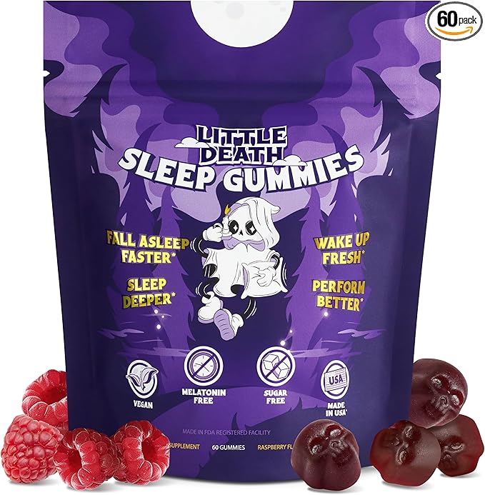 LITTLE DEATH Deep Sleep Gummies, 60 Pcs. – 50 mg. Magnesium, Ashwagandha, Chamomile, Vitamin B6 – Raspberry Flavor – Melatonin Free, Sugar Free, Vegan, Made in USA
