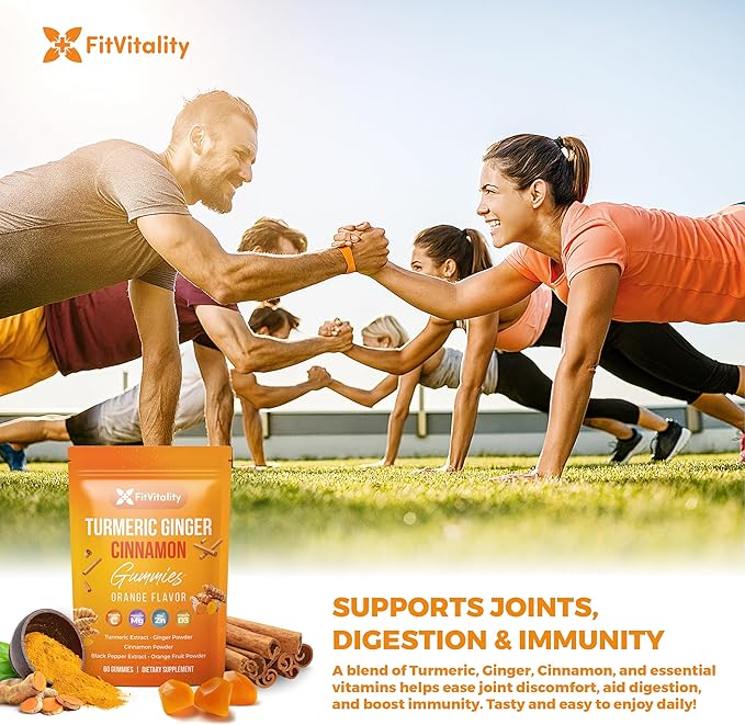 Premium 60 Turmeric Ginger Cinnamon Gummies – with Vitamin E, B12, Magnesium, Black Pepper Extract & Vitamin D3 – Orange Fruit Flavor - Vegan Gummies