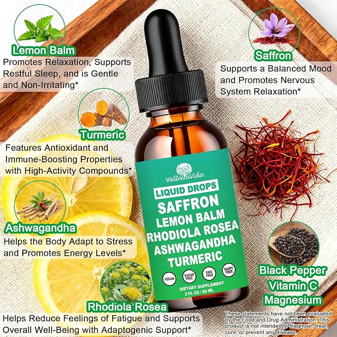 Saffron Supplements Liquid Drops- 88.5mg Pure Saffron Extract for Stress Relief & Calm Mood Support丨Advance 8-in-1 liquid Saffron w. Ashwagandha & Rhodiola Rosea, Fast Absorption Than Saffron Gummies