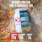 Dymatize x Fruity Pebbles ISO100 Whey Protein Powder Isolate, 25g of Protein, 5.5g BCAAs, 120 Cal., Gluten Free, 1g Fat, 1g Sugar, 2g Carb (75 Servings)
