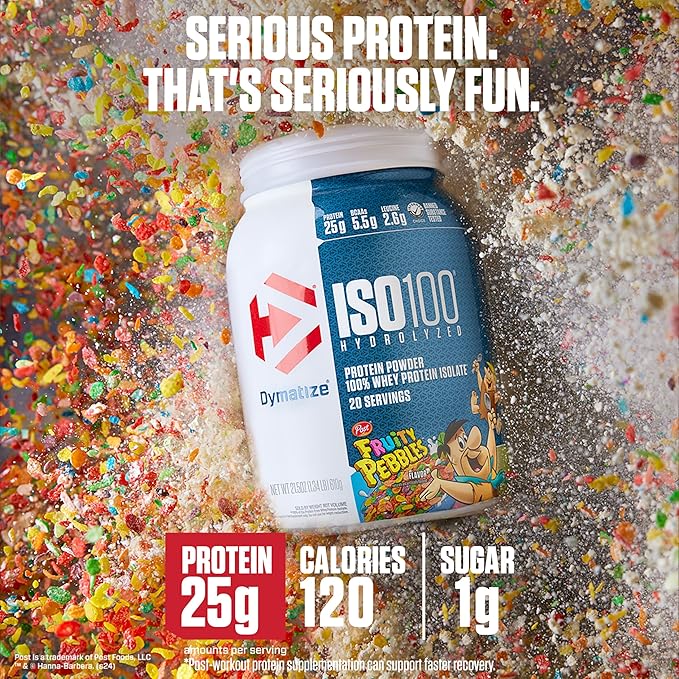 Dymatize x Fruity Pebbles ISO100 Whey Protein Powder Isolate, 25g of Protein, 5.5g BCAAs, 120 Cal., Gluten Free, 1g Fat, 1g Sugar, 2g Carb (75 Servings)
