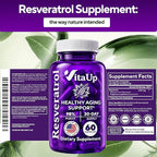 VitaUp Trans-Resveratrol Supplement – 98% Purity USA Made Resveratrol Capsules 600mg - Standardized to 98% Trans-Resveratrol – Antioxidant for Healthy Aging & Energy Support – 60 Caps