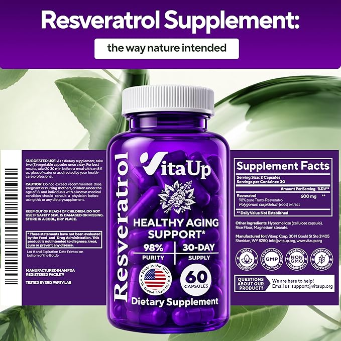 VitaUp Trans-Resveratrol Supplement – 98% Purity USA Made Resveratrol Capsules 600mg - Standardized to 98% Trans-Resveratrol – Antioxidant for Healthy Aging & Energy Support – 60 Caps