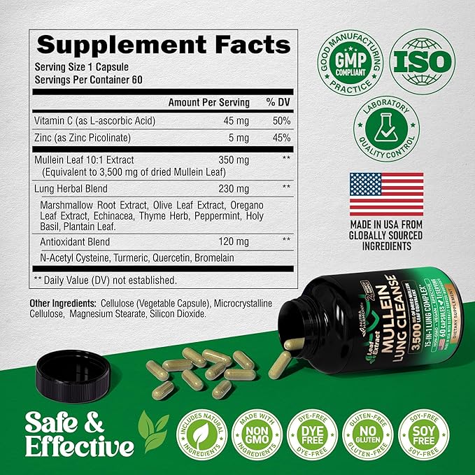 Mullein Lung Detox - Mullein Leaf Extract - Marshmallow Root | Echinacea | Oregano | Quercetin | NAC - 15-in-1 Lung Support & Cleanse for Smokers Supplement - Made in USA - As Drops - 60 Capsules