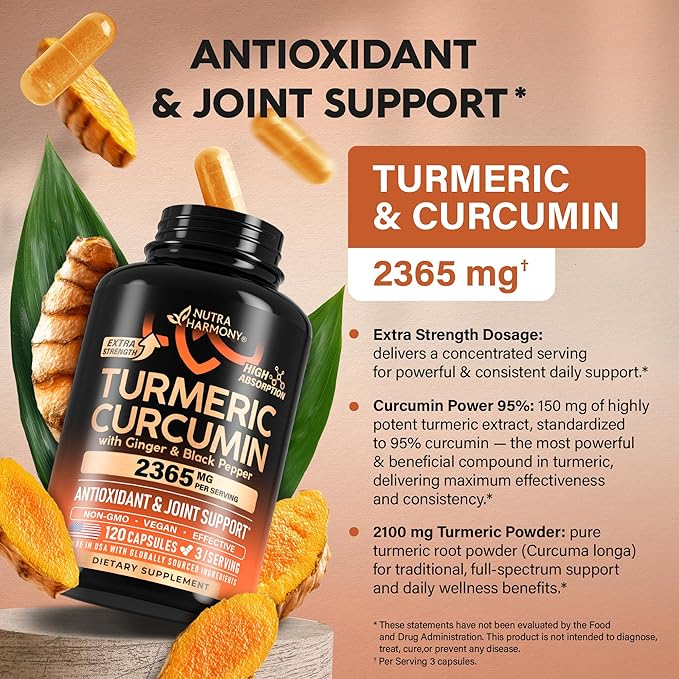 Turmeric Curcumin Supplement 2365 mg - Turmeric with Ginger & Black Pepper - Highly Bioavailable & Extra Strength 95% Curcuminoids - Antioxidant, Immunity & Joint Support - Made in USA - 120 Capsules