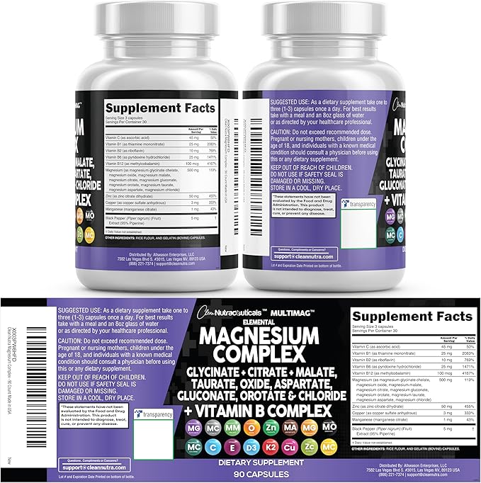 Clean Nutraceuticals Magnesium Complex with Magnesium Glycinate Citrate Malate Oxide Taurate Aspartate Orotate & Mag Chloride, Zinc Copper Manganese (90 Count (Pack of 2))