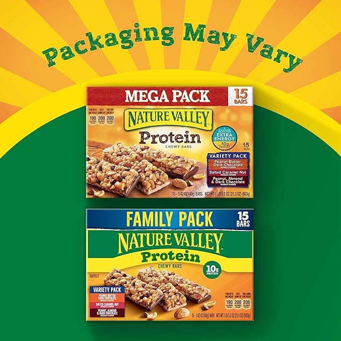 Nature Valley Protein Bars, Gluten Free Chewy Granola Snack Bars, 10g Protein, Peanut Butter Dark Chocolate, Salted Caramel Nut, Peanut Almond Dark Chocolate, 21.3 oz Box, 15 Count (Pack of 2)