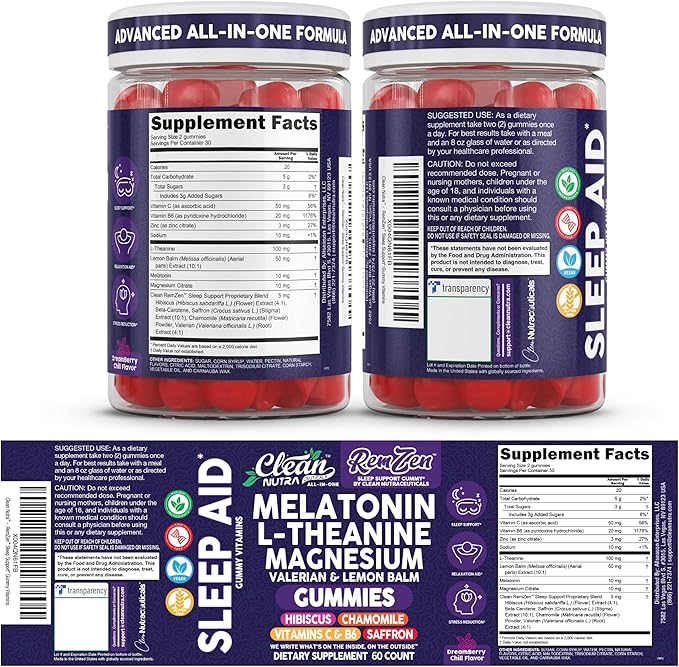 Clean Nutra Melatonin Gummies L Theanine Magnesium Valerian Root Lemon Balm Chamomile Vitamin C Gummy Saffron Sleep Aid Calm Vitamin B6 Stress Relief Hibiscus Relax Mood Happy Supplement Men Women