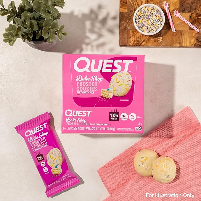Quest Nutrition Frosted Cookies Twin Pack, Birthday Cake, 1g Sugar, 10g Protein, 1g Net Carbs, Gluten Free, 16 Cookies