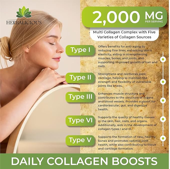 HERBALICIOUS Multi Collagen Peptides Capsules - Non-GMO & Gluten Free Type I, II, III, V, X Hydrolyzed Collagen Supplements with Vitamin C - Supports Healthy Hair, Skin, Nails, & Joints - 120 Capsules