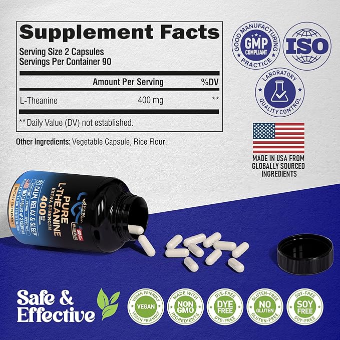 L Theanine 400 mg | L-Theanine Stress Relief | Extra Strength Supplement | Made in USA | Relaxation, Sleep & Calm Support | For Men & Women | Plant Based, Non-GMO & Gluten-Free | 180 Vegan Capsules