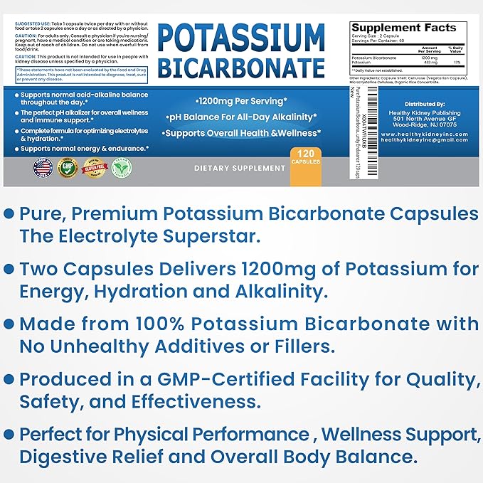 Pure Potassium Bicarbonate Supplement Capsules pH Balance Pills, High Potassium Electrolytes 1200mg Serv. USA Made Bicarbonate Food Grade, Acid-Alkaline Balance Immunity Endurance 120 caps