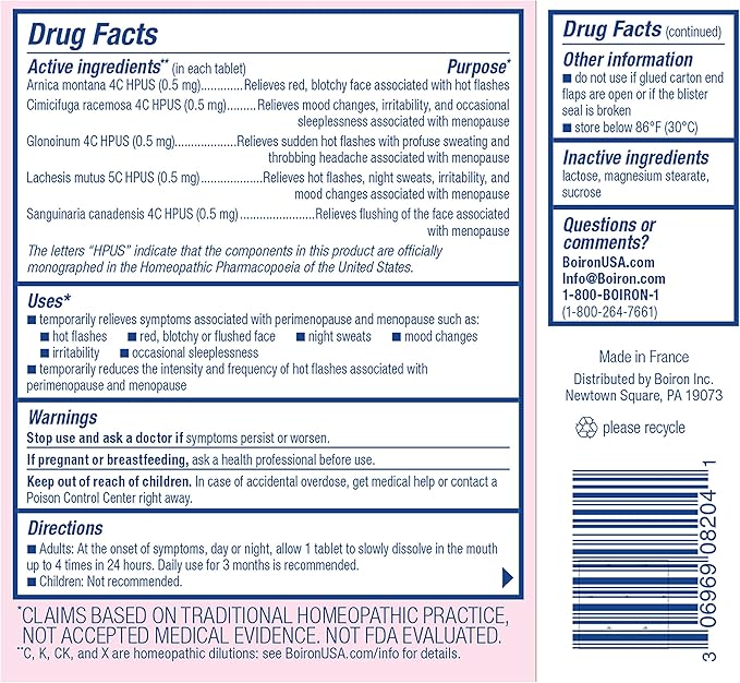 Boiron Cyclease Menopause Tablets for Relief of Hot Flashes, Night Sweats, Irritability, and Mood Swings - 60 Count
