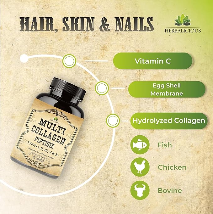 HERBALICIOUS Multi Collagen Peptides Capsules - Non-GMO & Gluten Free Type I, II, III, V, X Hydrolyzed Collagen Supplements with Vitamin C - Supports Healthy Hair, Skin, Nails, & Joints - 120 Capsules