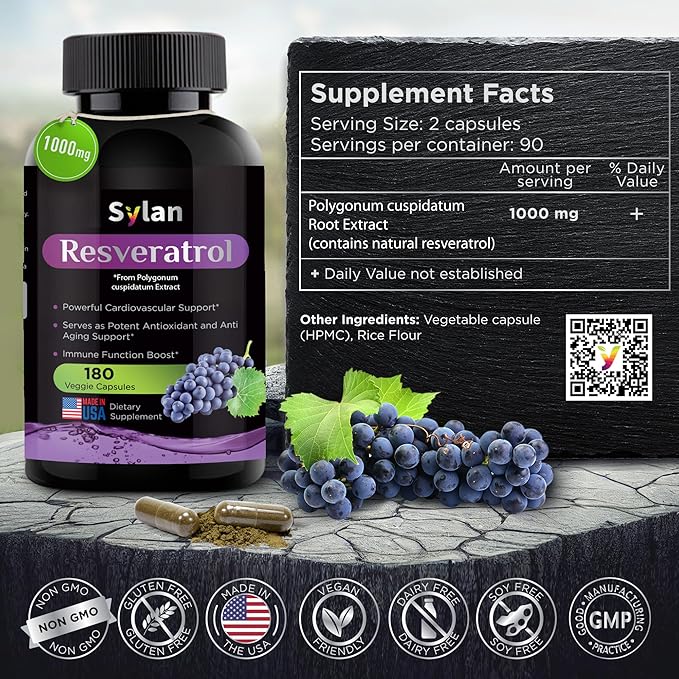 SYLAN Resveratrol Supplement, 1000mg, 180 Veggie Capsules, Antioxidant, Supports Heart, Joint, Brain, Immune Health & Anti-Aging, Non-GMO, Made in USA, Resveratrol 500mg Powder per Capsul