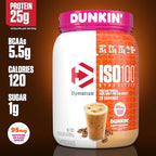 Dymatize x Dunkin' Cappuccino ISO100 Whey Protein Powder, 95mg Caffeine, 25g of Protein5.5g BCAAs, 120 Cal., Gluten Free, 1g Fat, 1g Sugar, 2g Carb (20 Servings)