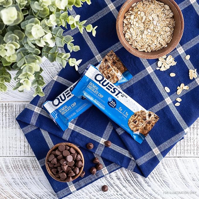 Quest Nutrition Oatmeal Chocolate Chip Protein Bars, 20g Protein, 1g Sugar, 5g Net Carb, Gluten Free, Keto Friendly, 4 Count