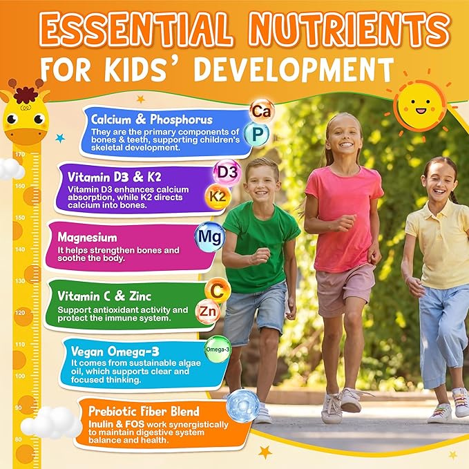 Kids Calcium Gummies with Vitamin D3 K2 - Calcium Citrate with Magnesium, Zinc, Omega-3 and Probiotics for Kids Bone Health, Digestive & Development Support - Sugar Free Gummies, Non-GMO, Vegan