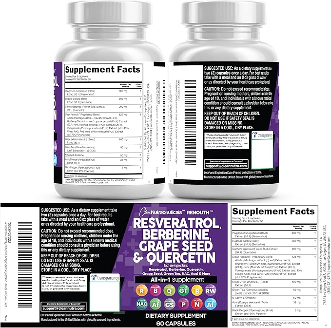 Clean Resveratrol Supplement | Berberine Grape Seed Extract Quercetin Green Tea Extract Acai Noni Polyphenol Supplement for Women & Men N-Acetyl Cysteine