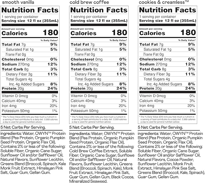 OWYN Only What You Need Protein Shake Variety Pack, Vanilla, Cold Brew Coffee, Cookies and Creamless Flavored Protein Shakes, 20g Protein, 4g Sugar, 3g Fiber, Dairy Free, Plant Based Protein, 12 CT