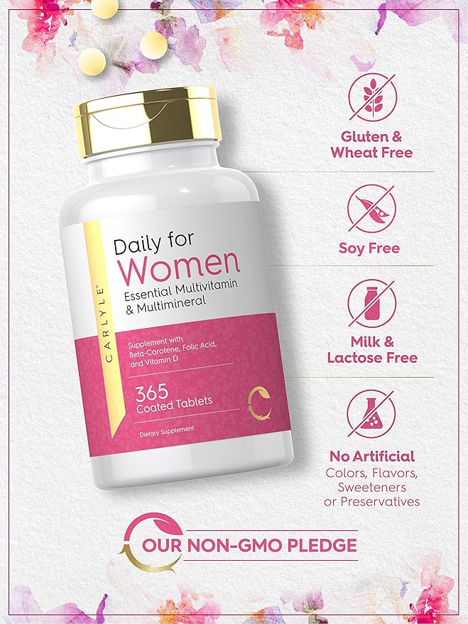 Carlyle Multivitamin and Multimineral for Women | 365 Tablets | Daily Supplement with Beta-Carotene, Folic Acid and Vitamin D | Non-GMO, Gluten Free Pills