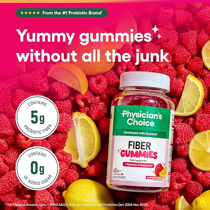 Physician’s Choice Fiber Gummies for Digestive Health & Regularity - Raspberry Lemon Flavor - No Sugar Added & Vegan - Natural Chicory Root Prebiotic Fiber - Daily Gummy for Adults, Women & Men - 60CT