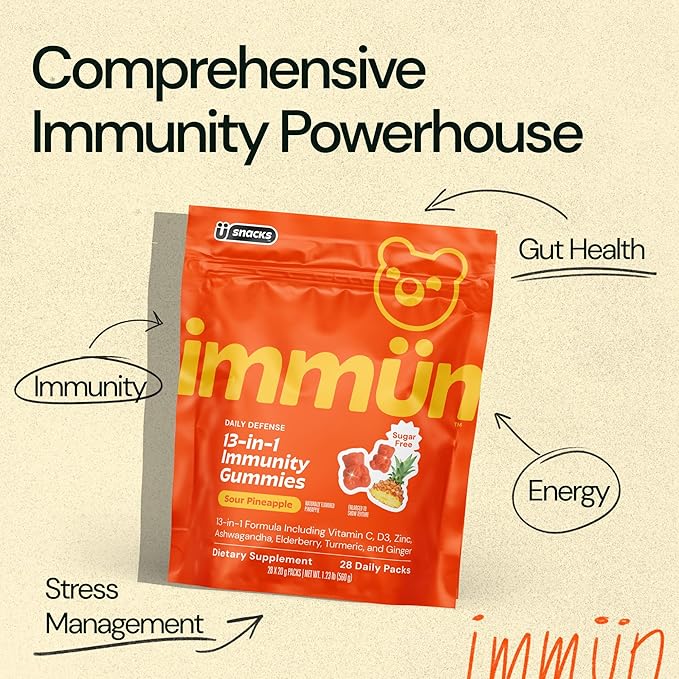 Grüns Immun Sugar Free Immunity Gummies with Vitamin C, Zinc, MCT Oil, & Turmeric - Daily Immune Support Supplement for Adults - Sour Pineapple Flavor (28 Count)