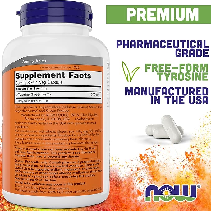 NOW Foods L-Tyrosine 500mg, 300 Capsules (Pack of 2) - Non GMO Supplement - 500 mg Caps - Free Form Ltyrosine