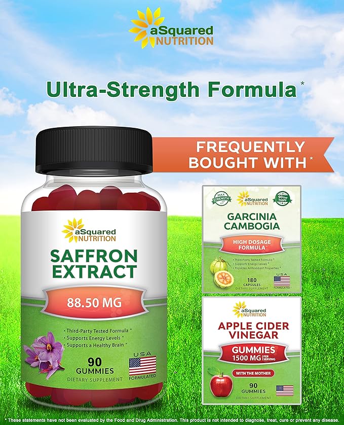 aSquared Nutrition Saffron Gummies - Saffron Extract Supplement - Pure Gummy Supplements Alternative to Capsules, Pills, Powder & Tea