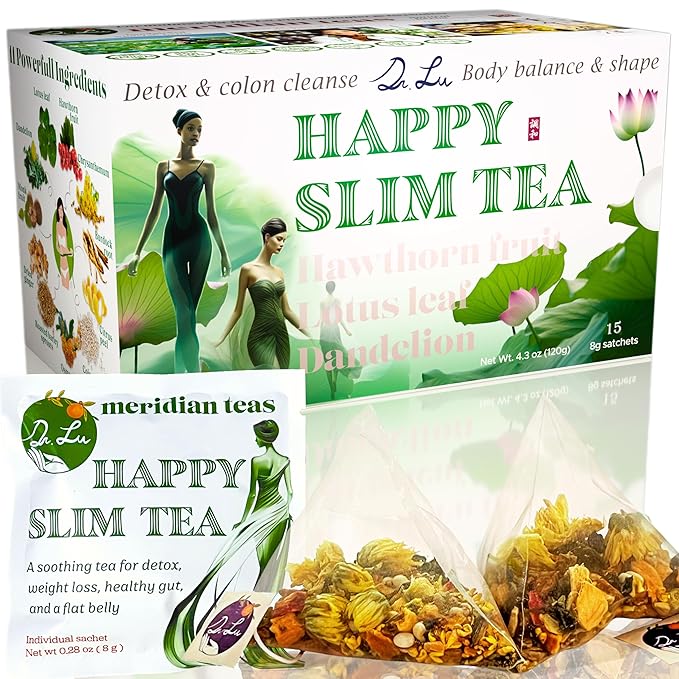 Dr. Lu’s Happy Slim Herbal Tea | 100% Natural Tea for Digestive Comfort & Body Balance | Gentle Colon Cleanse Tea for Daily Detox | 11 Herbs incl. Hawthorn, Lotus Leaf, Burdock, Dandelion | Laxative-Free