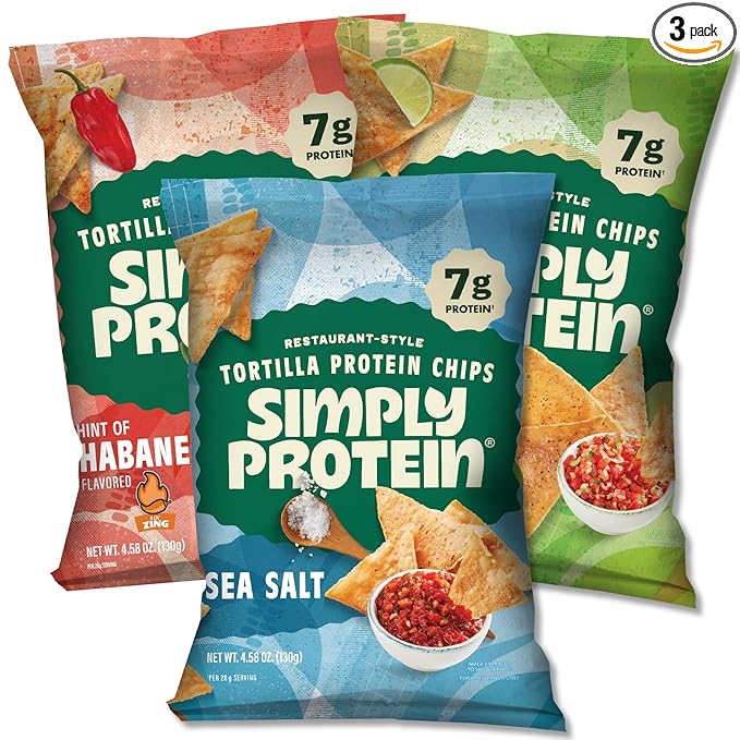 Simply Protein - Tortilla Chips, Restaurant Style Protein Chips, Variety Pack (3-Pack) - Sea Salt, Hint of Lime, Hint of Habanero - 7g Protein, 140 Calories, Gluten Free, Vegan - 3 Bags, 4.58oz (130g)
