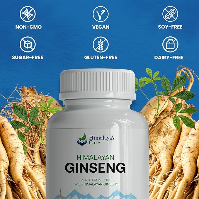 Panax Ginseng Supplement 1000mg - 60 Vegan Capsules - Korean Red Ginseng Extract Root Powder Pills for Men and Women - for Natural Energy, Focus, Immune Support, Vitality & Stamina