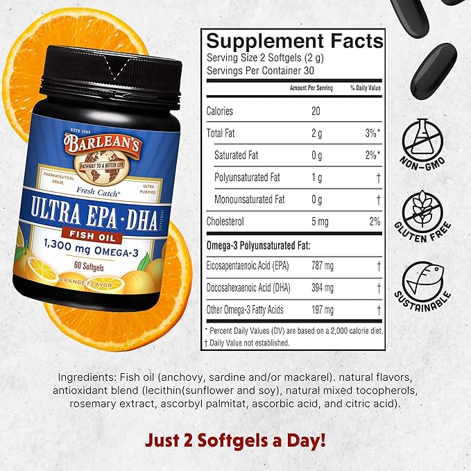 Barlean's Omega 3 Fish Oil Supplements, Supplement Softgels for Men and Women, 1300 mg Ultra EPA and DHA Fatty Acids, Orange Flavored, 60 Count
