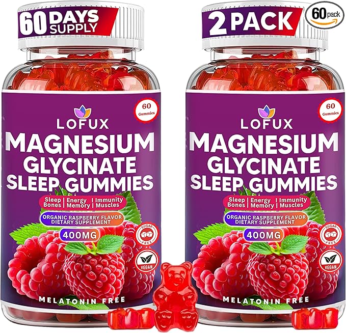 Lofux Magnesium Glycinate Gummies 400mg, Sugar Free Magnesium Gummies for Adults Women, Men, Chewable Supplement Gummy with L-Threonate, Vitamin D, B6, CoQ10 - for Calm, Sleep, Body Relaxation, 120 Ct