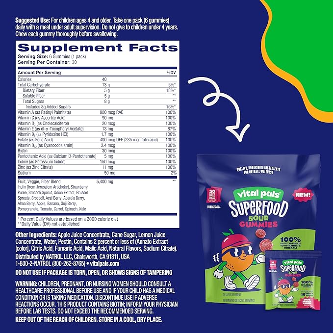 Sour Punch Superfood Gummies for Kids – Kids Multivitamin Gummies with 16 Fruits & Vegetables, Fiber, Zinc & Iodine – Immune & Wellness Support, Great Tasting