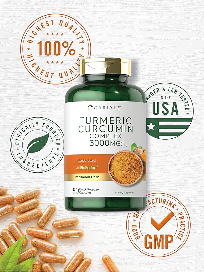 Carlyle Turmeric Curcumin Supplement | 180 Capsules | with Black Pepper, Curcuminoids and Bioperine | Non-GMO, Gluten Free