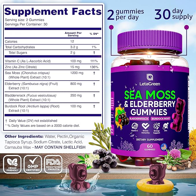 Irish Sea Moss Gummies – Bladderwrack Burdock Root Elderberry Vitamin C & Zinc – 60 Vegan Seamoss Gummy Bears for Adults Kids Men Women – Multimineral Elderberry Vitamins