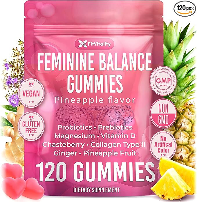 Premium 120 Feminine Balance Gummies – Probiotics, Collagen Type II, Chasteberry, Vitamin D & Magnesium – Gluten-Free, Pineapple Flavor, Vegan