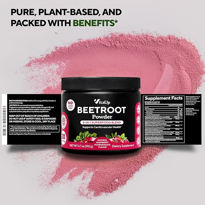 VitaUp Beet Root Powder 8 in 1 – USA Made Beets Powder Supplements with Grape Seed, Hawthorn, Coq10 – with Organic Beetroot for Energy & Circulation Support – Non-GMO, 30 Serving