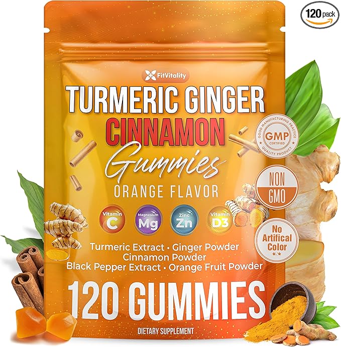 Premium 120 Turmeric Ginger Cinnamon Gummies – Vegan Gummies with Vitamin E, B12, Magnesium, Black Pepper Extract & Vitamin D3 – Orange Fruit Flavor