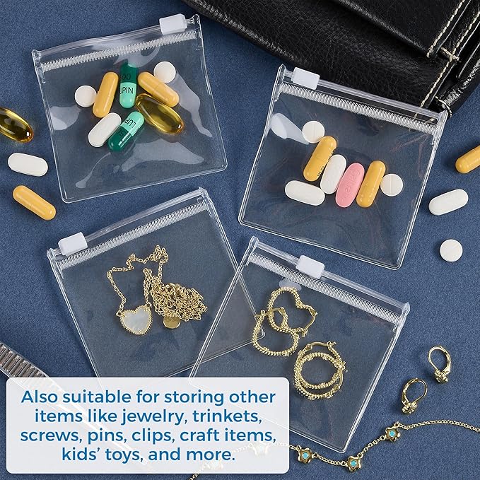 Zippered Pill Pouch Bags - 24 Pcs, Slide Lock Clear Plastic Mini Bags, BPA-Free for Pills Vitamins, Supplements, Medications, Jewelry, Crafts, Small Objects - Self-Sealing, Reusable, Travel-Friendly