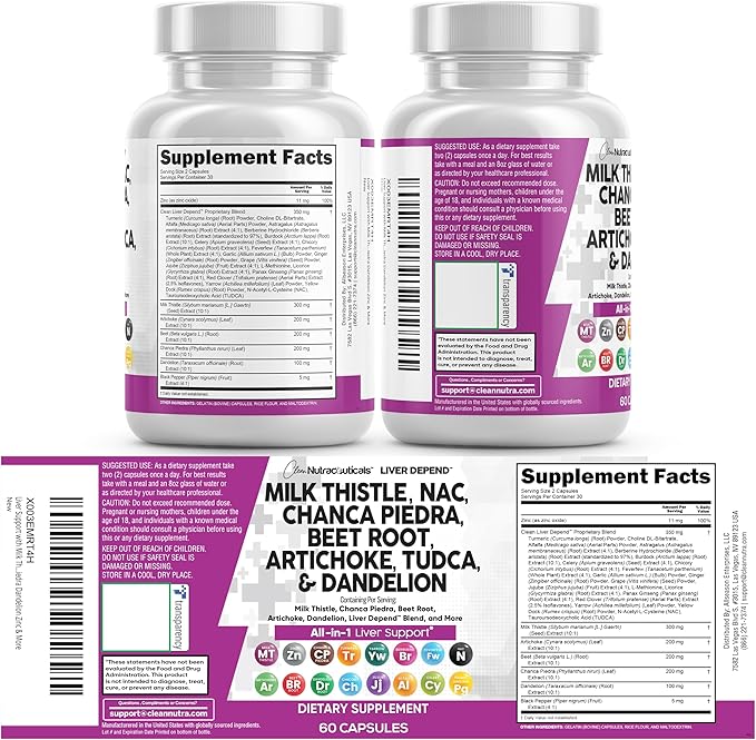 Clean Nutraceuticals Milk Thistle NAC Chanca Piedra Beet Root Artichoke Astragalus Dandelion Root - Liver Cleanse Supplement Plus TUDCA Choline & Ginger - 2Pack