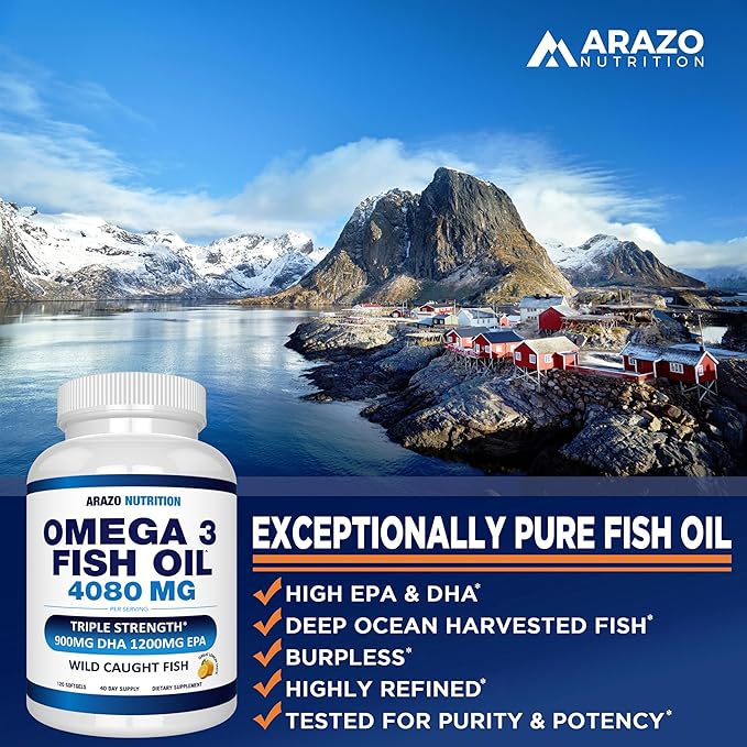 Arazo Nutrition Wild Caught Omega-3 Fish Oil Concentrate – 4,080mg per Serving – High EPA 1200mg & DHA 900mg – 120 Burpless Lemon Softgels