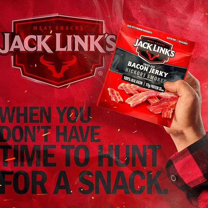 Jack Link's Bacon Jerky, Hickory Smoked - Flavorful Ready to Eat Meat Snack with 11g of Protein per Serving, Made with 100% Thick Cut Real Bacon, Protein Snack, Keto Friendly, 2.5 oz.