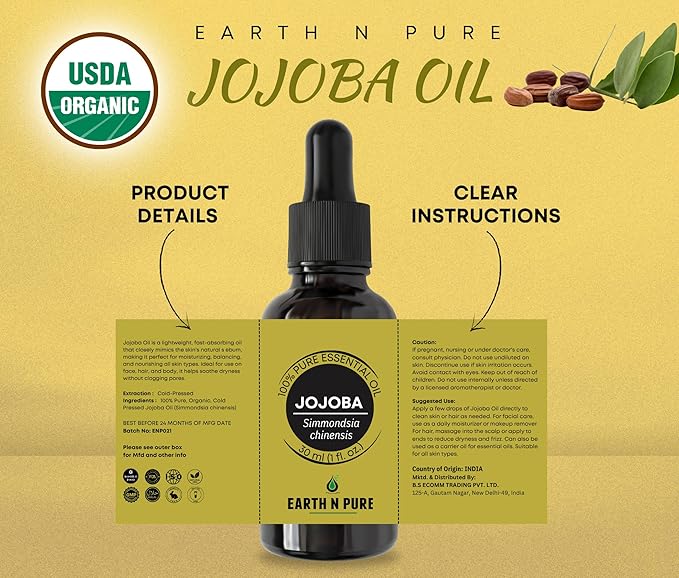 Earth N Pure Jojoba Oil Cold Pressed Natural and Therapeutic Grade for Skin & Hair 50 ml